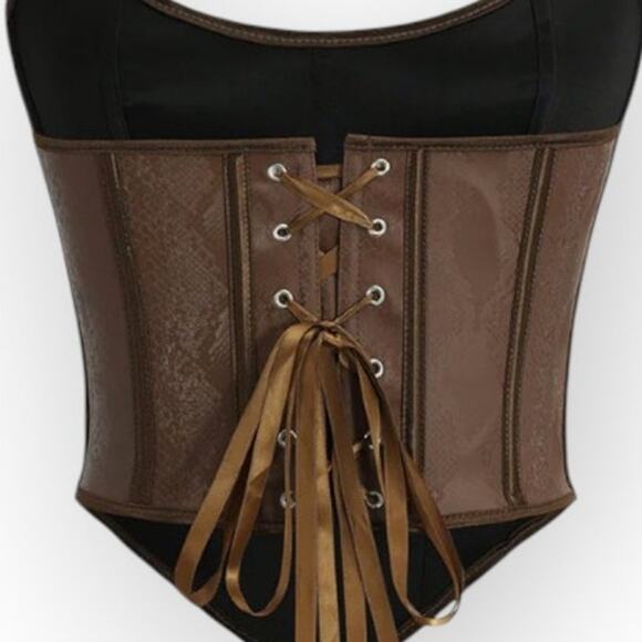 Micas Brown Faux Leather Snakeskin Lace-Up Corset Top – Size L - Picture 3 of 7